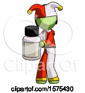 Poster, Art Print Of Green Jester Joker Man Holding White Medicine Bottle
