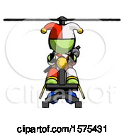 Poster, Art Print Of Green Jester Joker Man Flying In Gyrocopter Front View