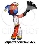 Poster, Art Print Of Blue Jester Joker Man Dusting With Feather Duster Upwards