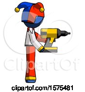 Poster, Art Print Of Blue Jester Joker Man Using Drill Drilling Something On Right Side