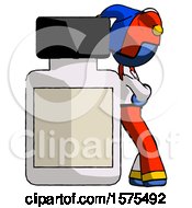 Poster, Art Print Of Blue Jester Joker Man Leaning Against Large Medicine Bottle