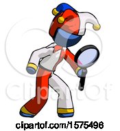 Poster, Art Print Of Blue Jester Joker Man Inspecting With Large Magnifying Glass Right