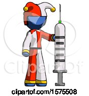 Blue Jester Joker Man Holding Large Syringe