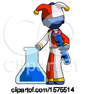 Poster, Art Print Of Blue Jester Joker Man Holding Test Tube Beside Beaker Or Flask