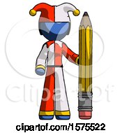 Poster, Art Print Of Blue Jester Joker Man With Large Pencil Standing Ready To Write