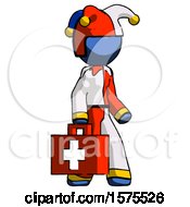 Poster, Art Print Of Blue Jester Joker Man Walking With Medical Aid Briefcase To Right