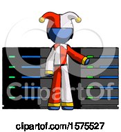 Poster, Art Print Of Blue Jester Joker Man With Server Racks In Front Of Two Networked Systems