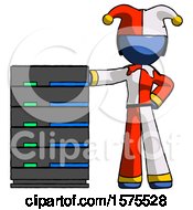 Poster, Art Print Of Blue Jester Joker Man With Server Rack Leaning Confidently Against It