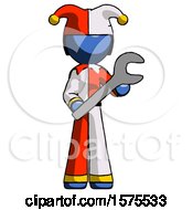 Poster, Art Print Of Blue Jester Joker Man Holding Large Wrench With Both Hands