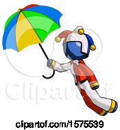 Poster, Art Print Of Blue Jester Joker Man Flying With Rainbow Colored Umbrella