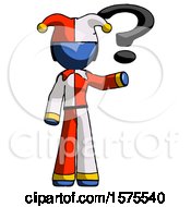 Poster, Art Print Of Blue Jester Joker Man Holding Question Mark To Right
