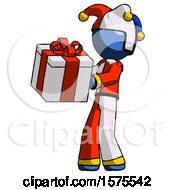 Poster, Art Print Of Blue Jester Joker Man Presenting A Present With Large Red Bow On It