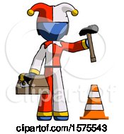 Poster, Art Print Of Blue Jester Joker Man Under Construction Concept Traffic Cone And Tools