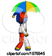 Poster, Art Print Of Blue Jester Joker Man Walking With Colored Umbrella