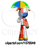 Poster, Art Print Of Blue Jester Joker Man Holding Umbrella Rainbow Colored