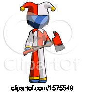 Poster, Art Print Of Blue Jester Joker Man Holding Red Fire Fighters Ax