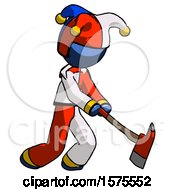 Blue Jester Joker Man Striking With A Red Firefighters Ax