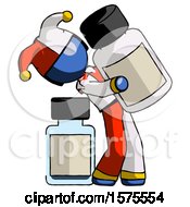 Blue Jester Joker Man Holding Large White Medicine Bottle With Bottle In Background