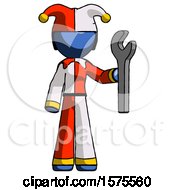 Poster, Art Print Of Blue Jester Joker Man Holding Wrench Ready To Repair Or Work