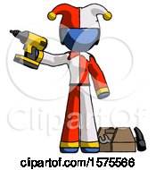 Poster, Art Print Of Blue Jester Joker Man Holding Drill Ready To Work Toolchest And Tools To Right