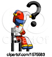 Poster, Art Print Of Blue Jester Joker Man Question Mark Concept Sitting On Chair Thinking