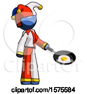 Poster, Art Print Of Blue Jester Joker Man Frying Egg In Pan Or Wok Facing Right