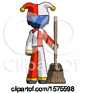 Blue Jester Joker Man Standing With Broom Cleaning Services