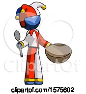 Poster, Art Print Of Blue Jester Joker Man With Empty Bowl And Spoon Ready To Make Something