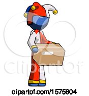 Poster, Art Print Of Blue Jester Joker Man Holding Package To Send Or Recieve In Mail