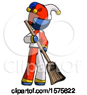Poster, Art Print Of Blue Jester Joker Man Sweeping Area With Broom