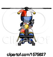 Poster, Art Print Of Blue Jester Joker Man Flying In Gyrocopter Front View