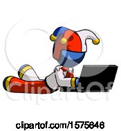 Poster, Art Print Of Blue Jester Joker Man Using Laptop Computer While Lying On Floor Side Angled View
