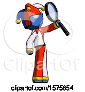 Poster, Art Print Of Blue Jester Joker Man Inspecting With Large Magnifying Glass Facing Up