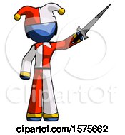 Poster, Art Print Of Blue Jester Joker Man Holding Sword In The Air Victoriously