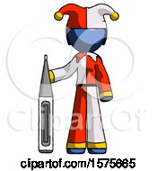 Blue Jester Joker Man Standing With Large Thermometer