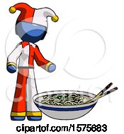 Poster, Art Print Of Blue Jester Joker Man And Noodle Bowl Giant Soup Restaraunt Concept