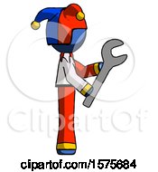 Poster, Art Print Of Blue Jester Joker Man Using Wrench Adjusting Something To Right