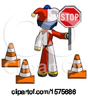 Poster, Art Print Of Blue Jester Joker Man Holding Stop Sign By Traffic Cones Under Construction Concept
