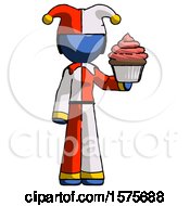 Poster, Art Print Of Blue Jester Joker Man Presenting Pink Cupcake To Viewer