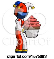 Poster, Art Print Of Blue Jester Joker Man Holding Large Cupcake Ready To Eat Or Serve