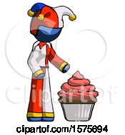 Poster, Art Print Of Blue Jester Joker Man With Giant Cupcake Dessert