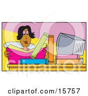 Relaxed Smart African American Woman Sitting At A Computer Desk And Reading Books Clipart Illustration by Andy Nortnik