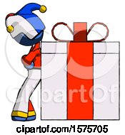 Blue Jester Joker Man Gift Concept Leaning Against Large Present