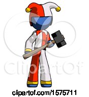 Poster, Art Print Of Blue Jester Joker Man With Sledgehammer Standing Ready To Work Or Defend