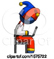 Poster, Art Print Of Blue Jester Joker Man Using Laptop Computer While Sitting In Chair View From Side
