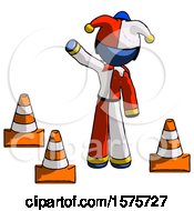 Blue Jester Joker Man Standing By Traffic Cones Waving
