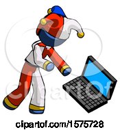 Blue Jester Joker Man Throwing Laptop Computer In Frustration