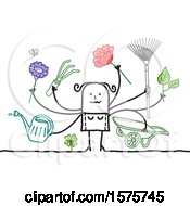 Clipart Of A Stick Woman With Gardening Tools And Flowers Royalty Free Vector Illustration