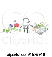 Clipart Of A Stick Man Gardener With A Wheelbarrow And Tools Royalty Free Vector Illustration by NL shop