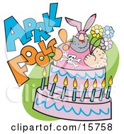 Poster, Art Print Of Tough Man In A Bunny Suit Holding Flowers And Popping Out Of An April Fools Cake